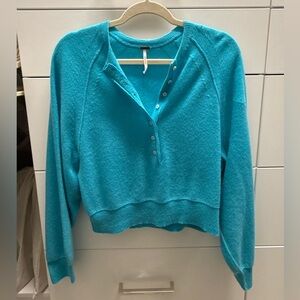 Free People Teal Blue Cropped Henley Sweater